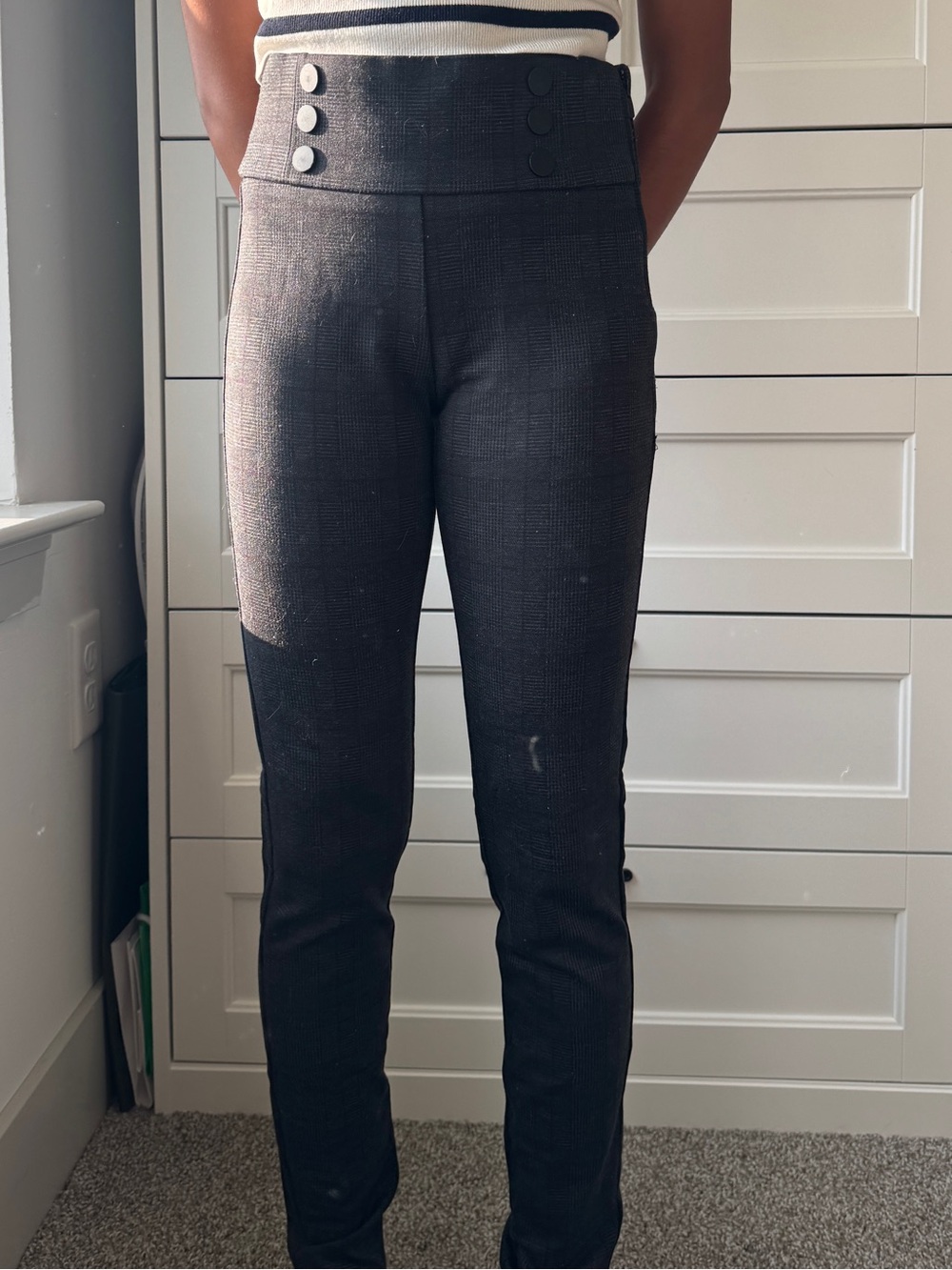 Zara Black High-Waist patterned Button Detail Slim Trousers